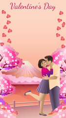 Romantic Asian couple kissing in park among cherry blossom trees and mountains. Valentine Day design with copy space. Vertical vector illustration.