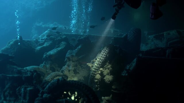 Scuba diver uses a dive torch to cut through the shadows of Hold No. 2 within the SS Thistlegorm revealing the BSA M20 motorcycles in the back of a Bedford truck.