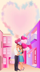 Romantic couple with heart-shaped balloons in a city. Valentine Day design with copy space. Vertical vector illustration.