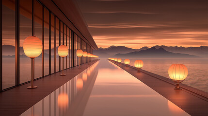 Lanterns illuminating pathway by water at dusk, concept of Chinese New Year  