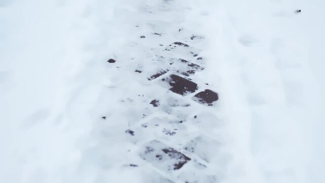 Footprints reveal a brick walkway under fresh snow as the camera moves forward along an icy garden path, showing slush, frost, and winter conditions.