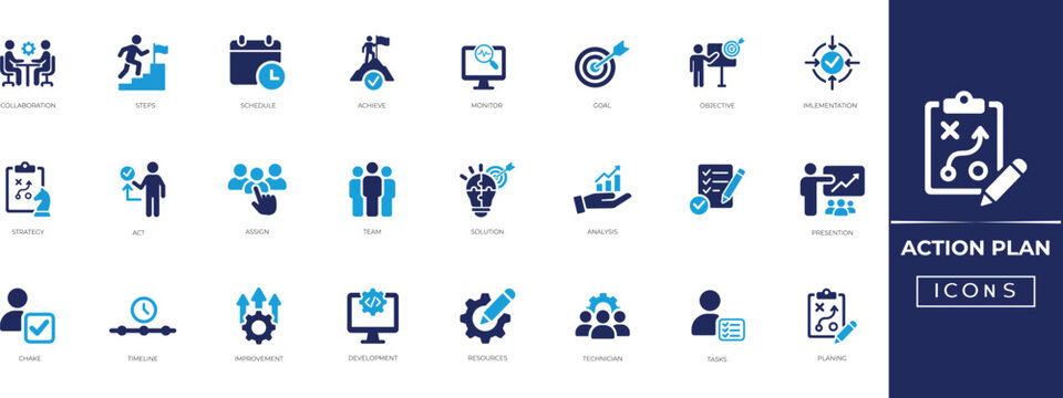 Action plan icon set for business strategy, Goal, Achieve, Strategy, analysis, Monitor, resource, task management, goal tracking, and execution workflows. Solid icon collection.