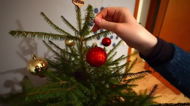 Close-up of a hand removing a red ornament from a small Christmas tree indoors, showing pine branches and holiday decor during seasonal cleanup.