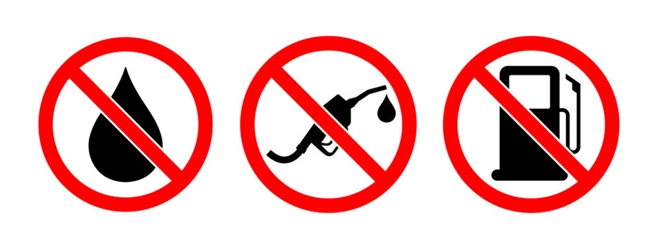 No fuel, No oil, No petrol pump, Forbidden diesel and gasoline icons set, No fuel station, Red prohibition fuel symbol sign, Vector illustration