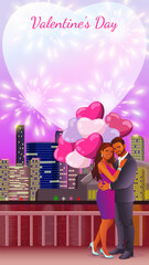 Indian couple with heart-shaped balloons on a city waterfront with fireworks. Valentine Day design with copy space. Vertical vector illustration.