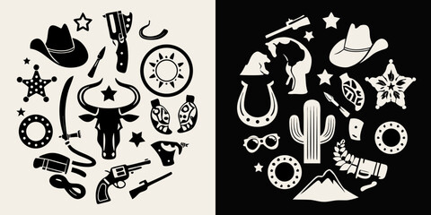 A split composition featuring western elements cowboy hats guns cacti and sheriff badges