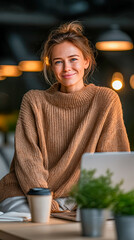 Cozy moments of a smiling woman in a warm sweater at a modern cafe during the evening
