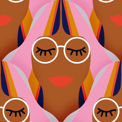 Cotton fabric Seamless pattern with stylish retro woman portrait wearing round glasses and colorful hair on pink background for textile and wallpaper in mid century modern style pop art fashion illustration