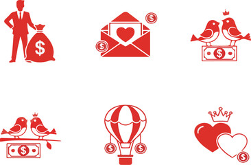  Collection of 6 Valentine's Day Icons with Money and Romance Themes, Red Silhouettes of Businessman, Heart Envelope, and Birds for 2026. 