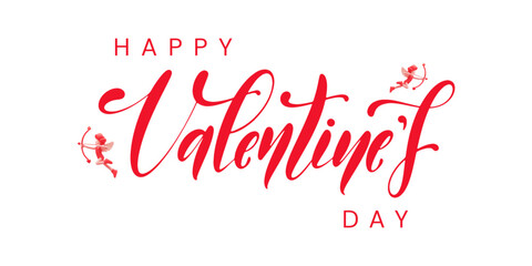 Vector lettering for Happy Valentine's Day with cupids flying around isolated on white background.