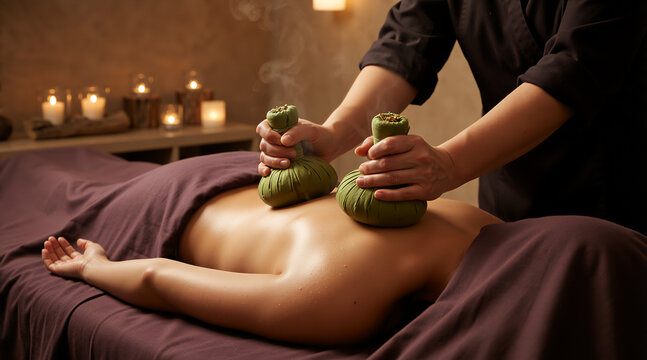 Herbal compress massage on a person's back in a spa. Professional therapist using steaming herbal bags for heat therapy. Traditional wellness and relaxation treatment