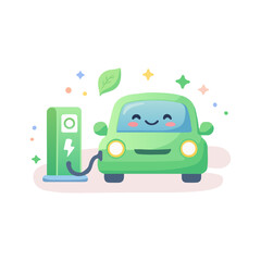 Electric Car Charging Cute Illustration With Green Energy And Sustainability Concept. Eco Friendly Electric Vehicle Cartoon Icon With Charging Station