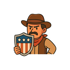 Cowboy holding sheriff badge with serious face. Western officer with shield symbol. Brave cowboy protector of justice.