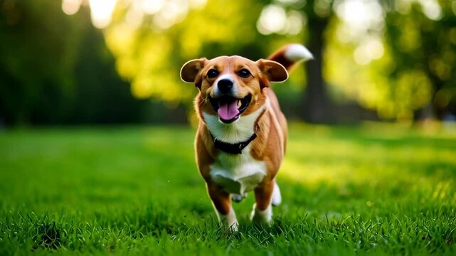 Joyful dog with wagging tail runs happily through green park on sunny day, tongue out, having fun enjoying freedom in nature