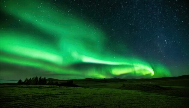 Spectacular Aurora Borealis Display Over Icelandic Landscape Under Starry Night Sky.
