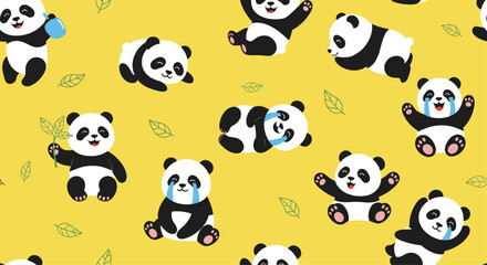 Naklejka premium Seamless pattern featuring adorable cartoon pandas in various playful poses including crying waving and eating on a vibrant yellow background.