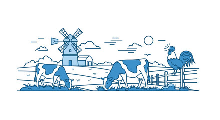 Naklejka premium Scenic farm landscape illustration in blue line art depicting grazing cows a traditional windmill and a rooster crowing on a wooden fence.
