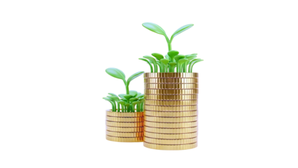 Gold coins with green sprouts symbolizing financial growth