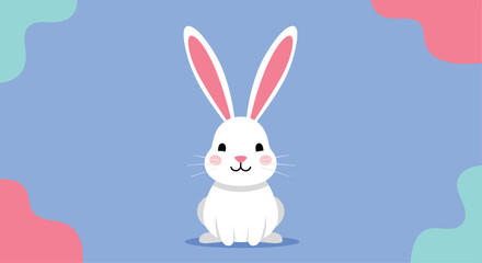 Fototapeta premium Sweet white cartoon rabbit with long pink ears and a happy face, sitting on a blue background with pastel shapes for a cute Easter design.