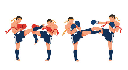 Obraz premium Four muay thai kickboxers demonstrating various offensive and defensive striking techniques with kicks and punches.