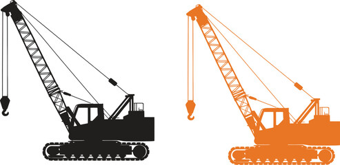 Crawler Crane Silhouette Icon Set in Black and Orange Color Isolated on White Background for Construction, Heavy Machinery and Industrial Engineering Concept