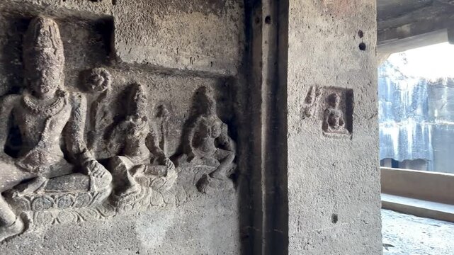 Ellora Caves Cave 12 in Maharashtra, India, three storey Buddhist rock cut cave temple at UNESCO World Heritage site
