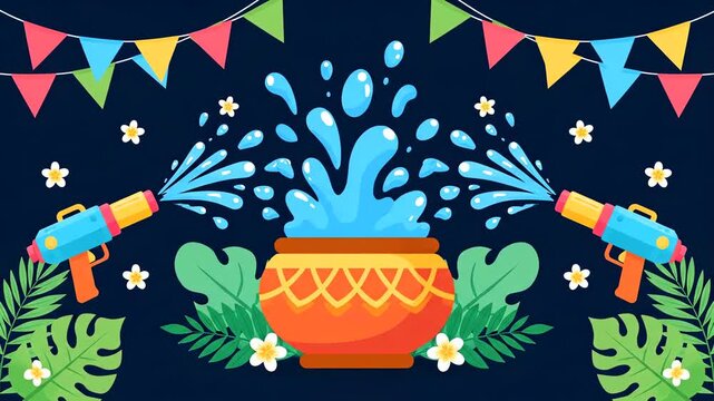 Songkran Festival Decorative Flat Illustration with Colorful Water Guns Splashing from Traditional Water Bowl