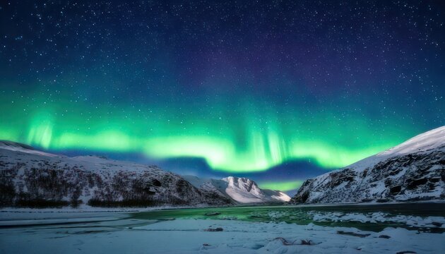 Spectacular Aurora Borealis Display Over Snowy Icelandic Landscape.
