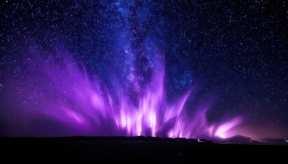 Spectacular purple aurora borealis display over a dark landscape under a starry sky.