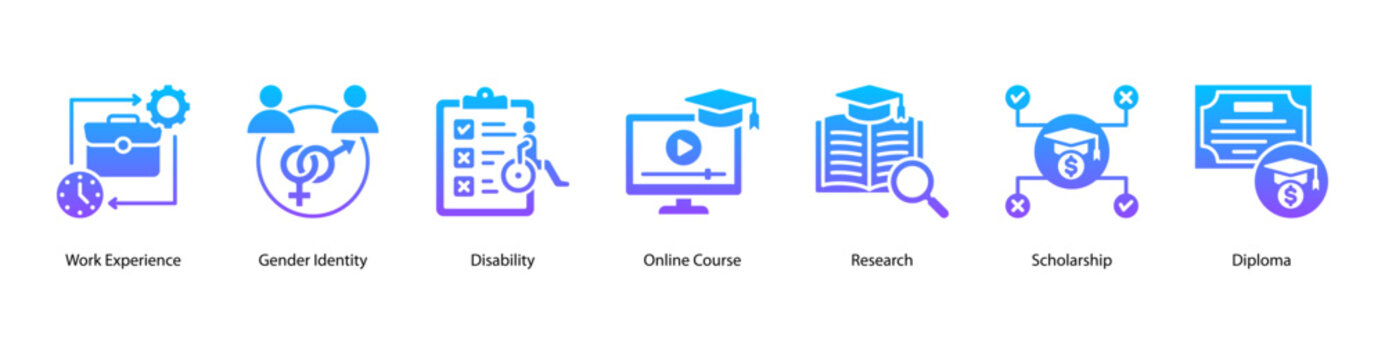 Inclusive Academic Research web banner icon vector illustration featuring Work Experience, Gender Identity, Disability, Online Course, Research, Scholarship, and Diploma.