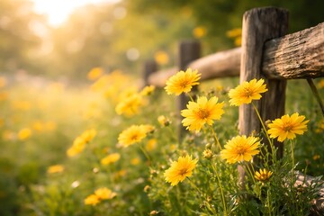 Bright yellow flowers blooming beside a rustic wooden fence in a sunny spring meadow bokehl.
