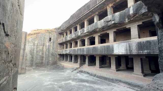 Ellora Caves Cave 12 in Maharashtra, India, three storey Buddhist rock cut cave temple at UNESCO World Heritage site
