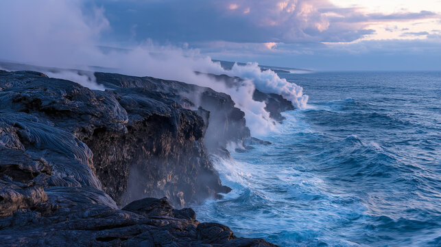 meson. Lava meeting ocean, forming black volcanic rock with rising steam at sunset. inspiring travel planning, travel magazines, designed for travel destination branding, used by nutritionists.