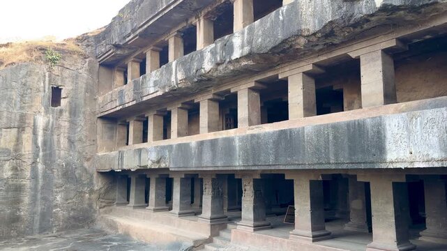 Ellora Caves Cave 12 in Maharashtra, India, three storey Buddhist rock cut cave temple at UNESCO World Heritage site
