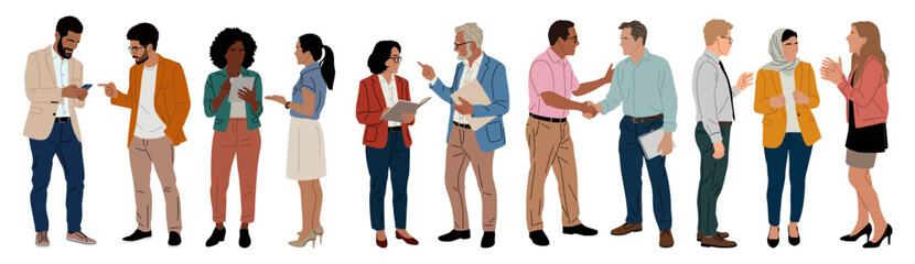 Obraz premium Flat vector illustration of diverse business professionals talking, shaking hands, using phones and tablets, teamwork and workplace communication concepts.