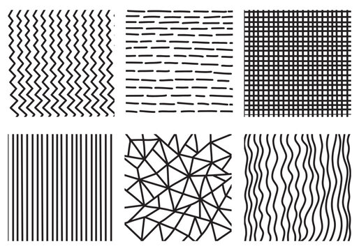 Decorative line patterns set. Vintage ink zigzag stripes marker scratch, abstract tile brush canvas. Organic hand drawn straight and curved lines. Geometric hatching backgrounds lattice, grid texture