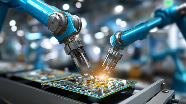 Advanced microelectronics manufacturing with AI robotic arms assembling circuit boards, automated production line, factory floor automation, mechanical tasks with PCB components, defocused