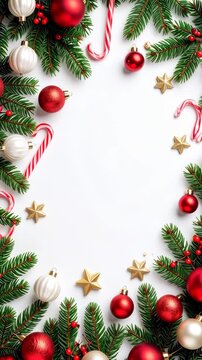 Festive Christmas ornament arrangement on white background with red, white baubles, stars, candy canes, pine branches forming a border