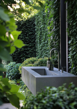A peaceful summer garden in a park with flowers, trees, ivy-covered stone walls, and an old wooden house