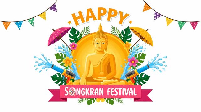 Happy Songkran Festival Illustration with Golden Buddha and Colorful Water Splash Celebration Design