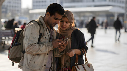 Migrant man and woman looking at cell phone, young couple using smartphone for social media or navigation in modern urban environment