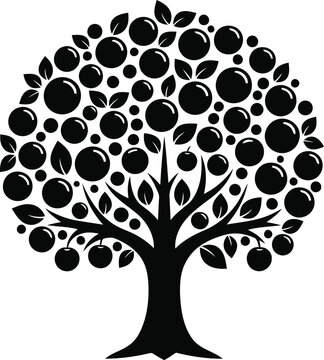 Fruit tree silhouette vector illustration with round apples and leaves isolated