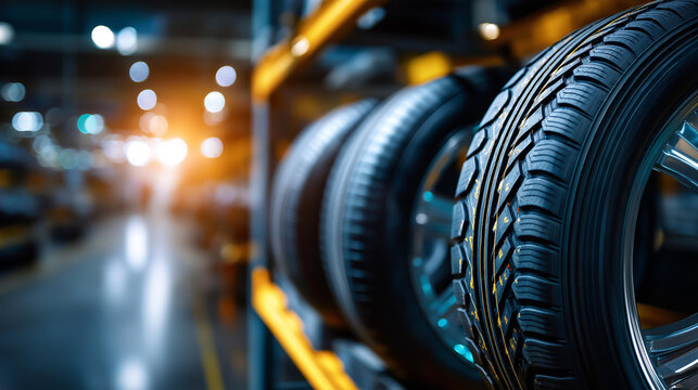 Close-up of tire sidewalls and tread patterns aligned on shelves, industrial background blurred, automotive parts management, inventory organization, defocused warehouse, with copy space