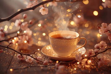 Obraz premium Delicate pink sakura branches and a cup of hot tea on a wooden background. A fragrant drink.