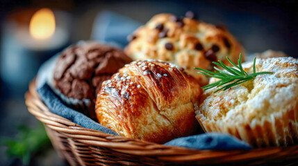 Freshly baked pastries and muffins in a wicker basket, showcasing bakery assortment, desserts, and cozy breakfast atmosphere