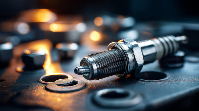 Close-up shot of glow plug and wrench, automotive engine detail, mechanical component, repair tools, precision parts, defocused workshop surface, with copy space