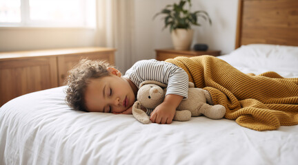 Cute toddler boy sleeping in bed with stuffed bunny toy. Little child taking a nap under yellow knitted blanket in cozy bedroom. Childhood rest concept