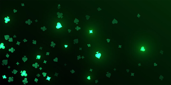 Casino pattern. Green flying glowing playing cards on black background. Sparkling hearts, clubs, diamonds and spades on dark. Online casino concept. Luxury vector illustration