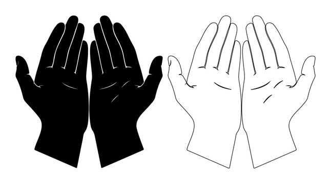 Praying hands icon, solid and outline vector set