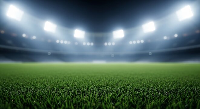 Dynamic view of a vibrant green pitch field in an empty stadium, set with bright lights for a thrilling Pakistan Super League competition concept